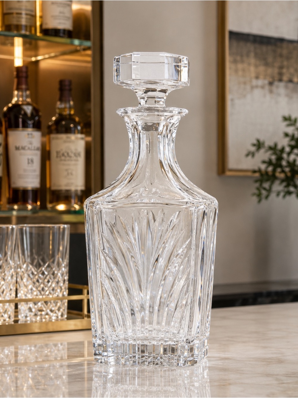 Decanter Crystal Clear Full Lead Square Whiskey/Scotch/Bourbon 10” Stopper VTG